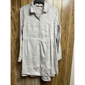 Beacon Cove Dress Womens Size Medium Light Gray tan 100% Linen Shirt Dress